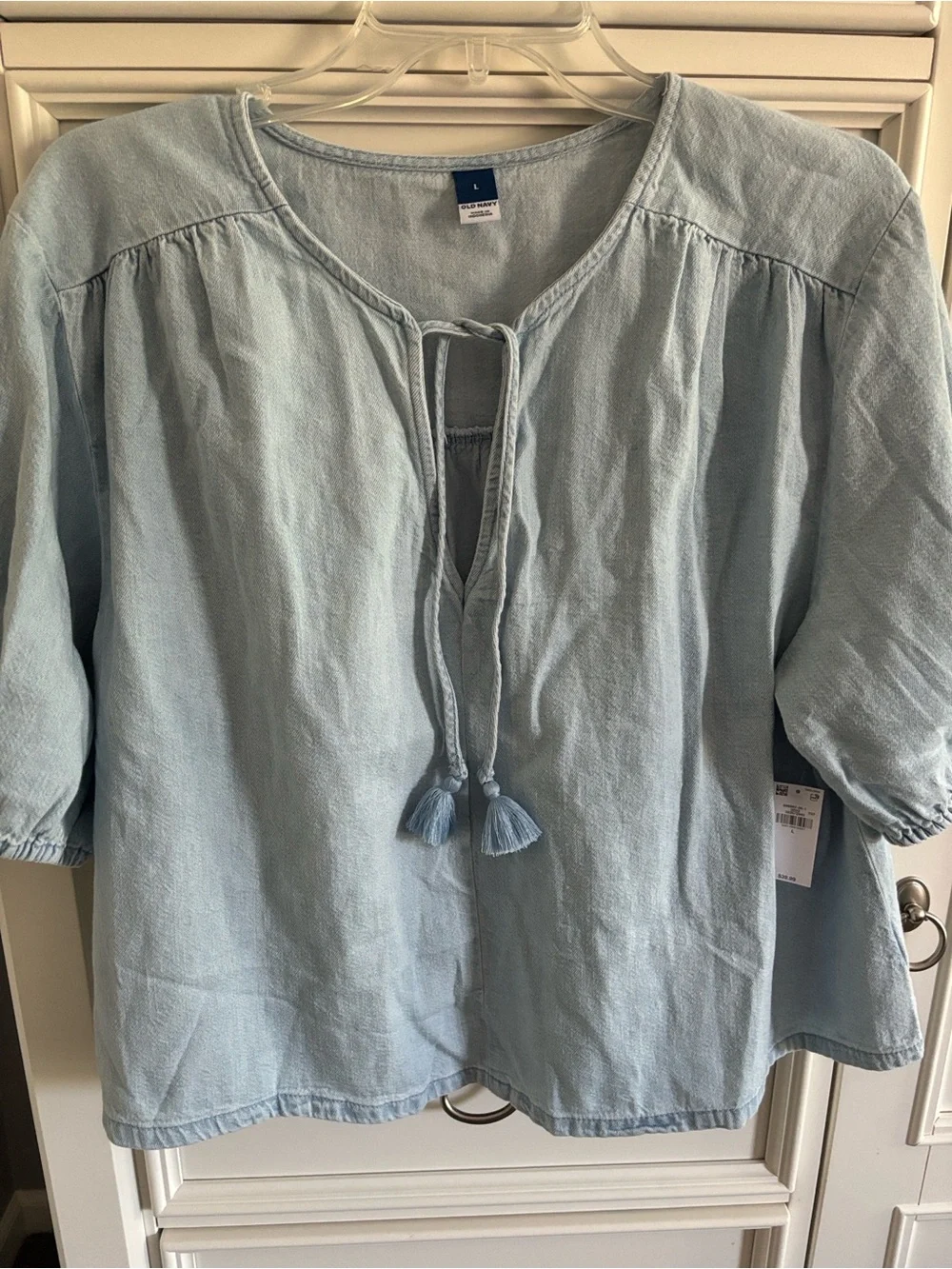 Old Navy Light Blue denim Tie-Front Peasant Top